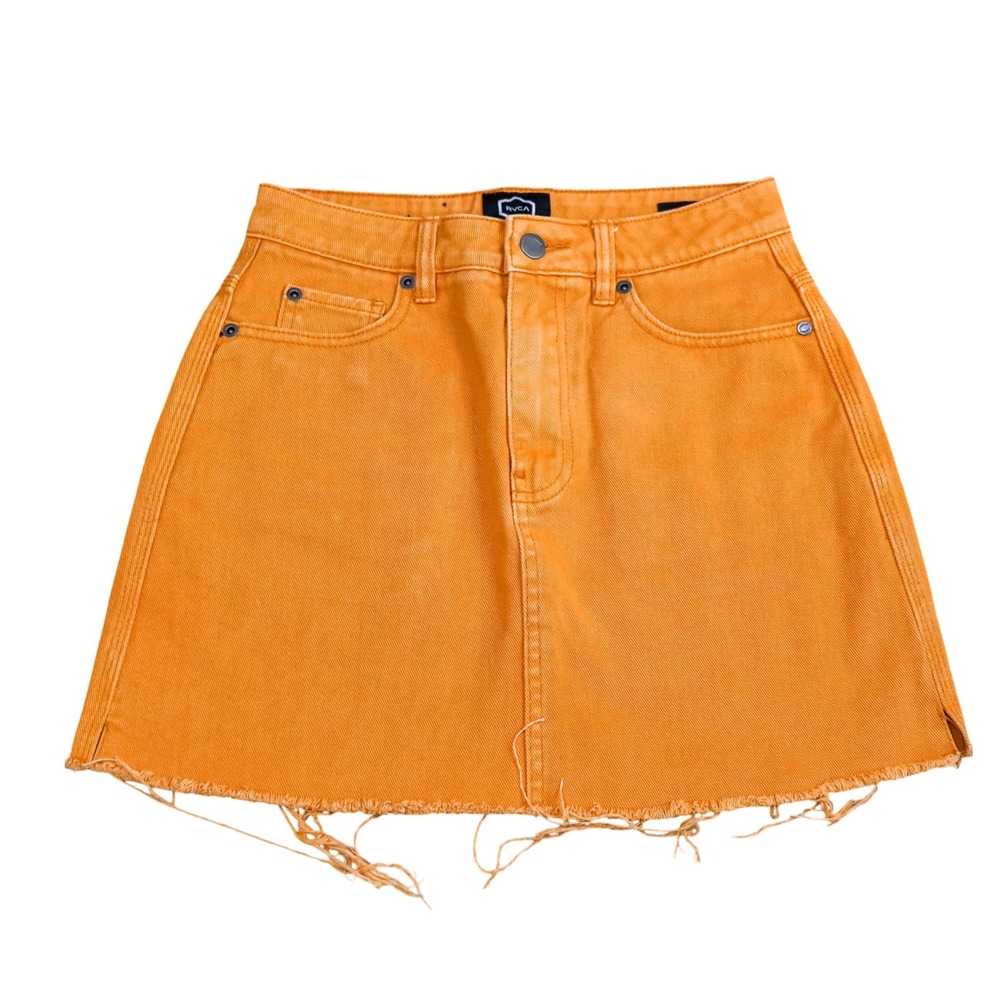 RVCA Rowdy Denim Mini Skirt‎ Womens 26 Yellow Raw Hem High Waist WK01VRRM Cotton
